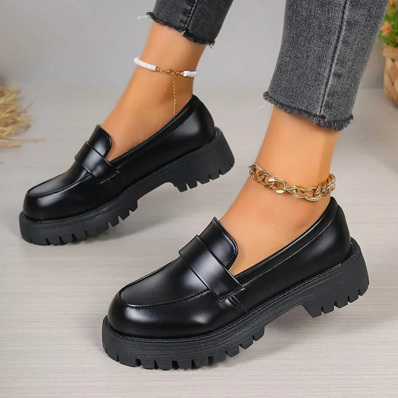 Plus Size 35-43 Black Pu Leather Loafers Women British Style Slip On Platform Shoes Woman Thick Sole Japan School Uniform Shoes
