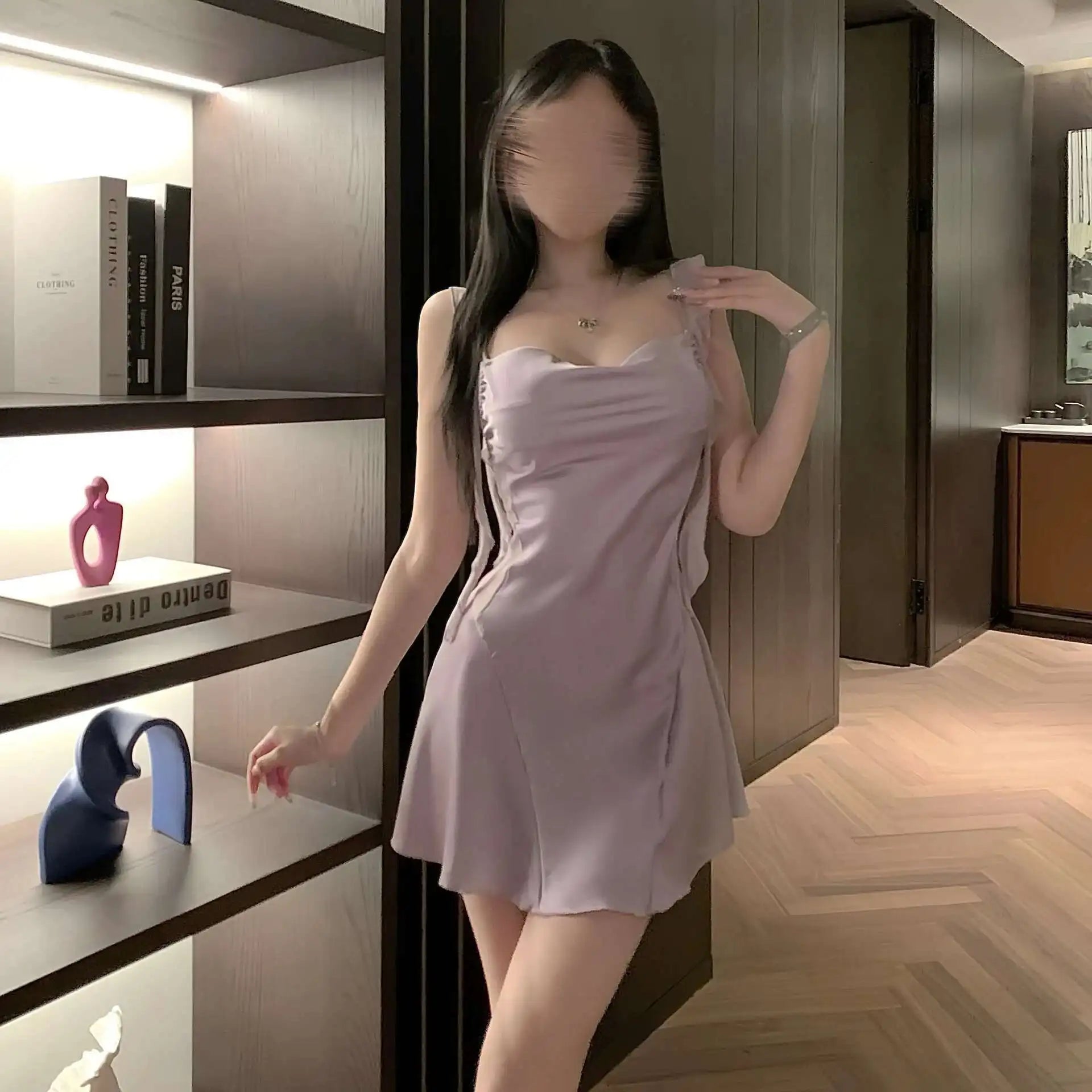 New girls' suspender pink chiffon patchwork satin lace nightclub new sexy slim fit nightgown home satin uniform qqny dress E7BX