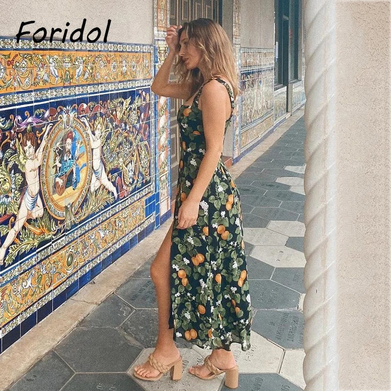 French Style Vintage Lemon Leaf Printed Green Dress Sexy Slip Midi Sleeveless Tank Dress Chiffon Women Holiday Elegant Dress