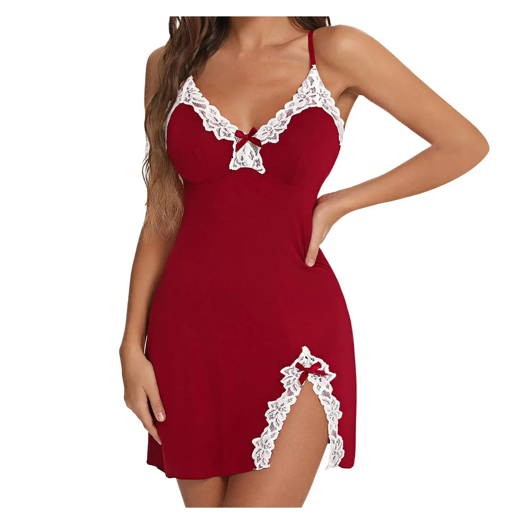 Sexy Lace Nightdress Chemise Women Bow Nightdowns Seamless Sleepwear V Neck Slip Lingerie Sleepshirts Nighties