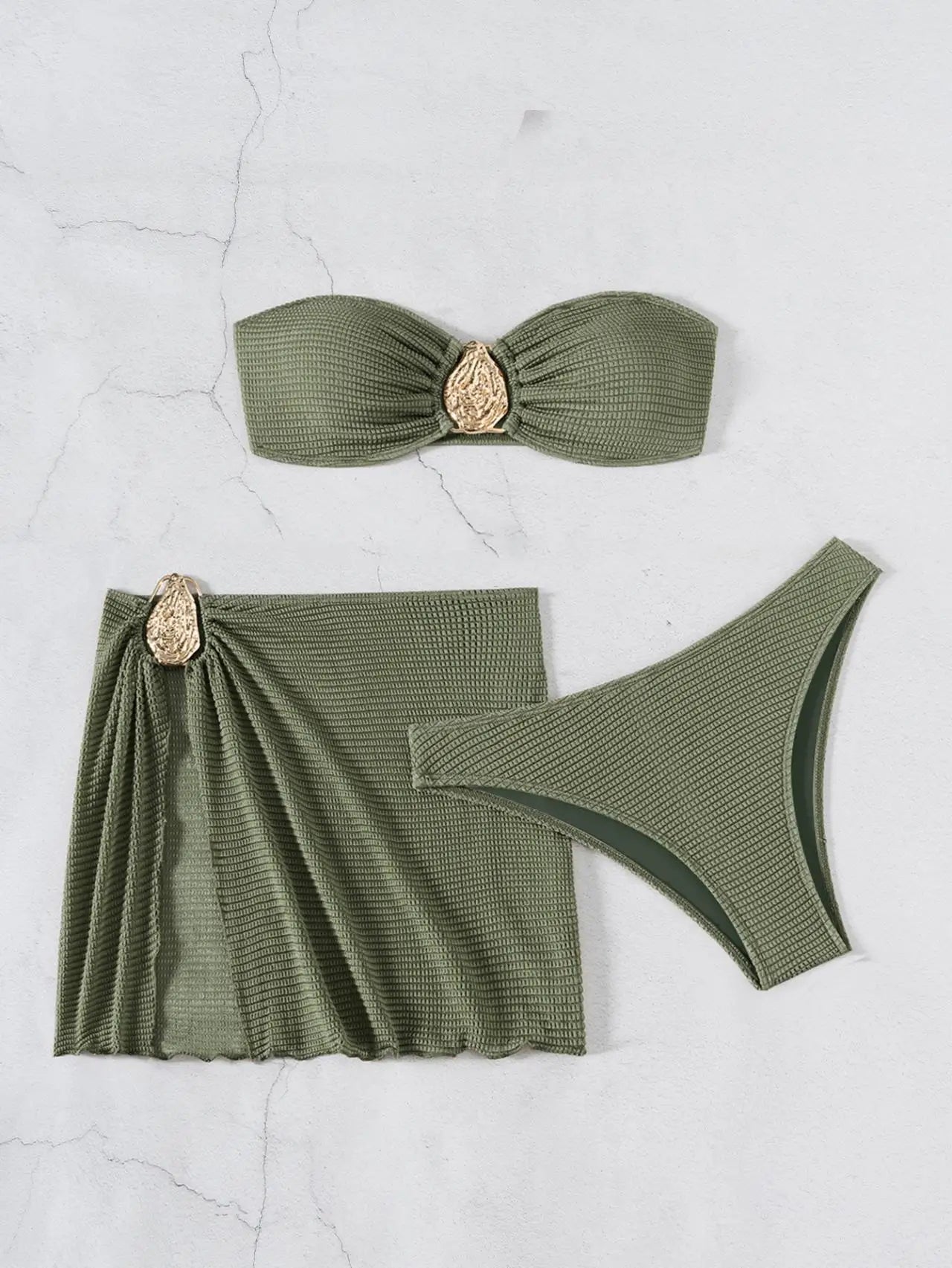 With Skirt Wrinkled Bandeau Bikini Female Swimsuit Women Swimwear Three-pieces Bikini Set Metal Ring Bathing Suit Swim Beachwear