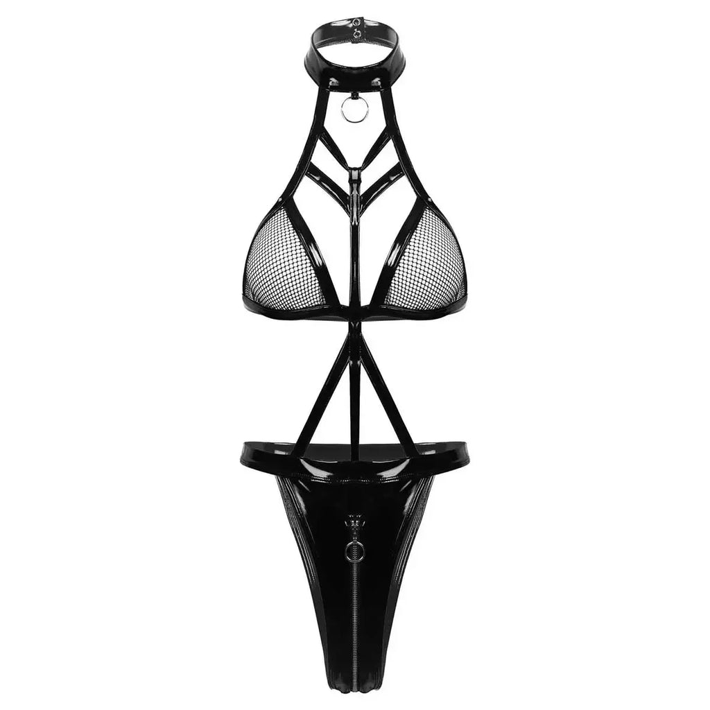 Plus Size 2XL Balck Bandage PU Leather Mesh Bodysuit Exotic Teddies Zipper Crotch Catsuit Women Sexy Lingerie Costumes