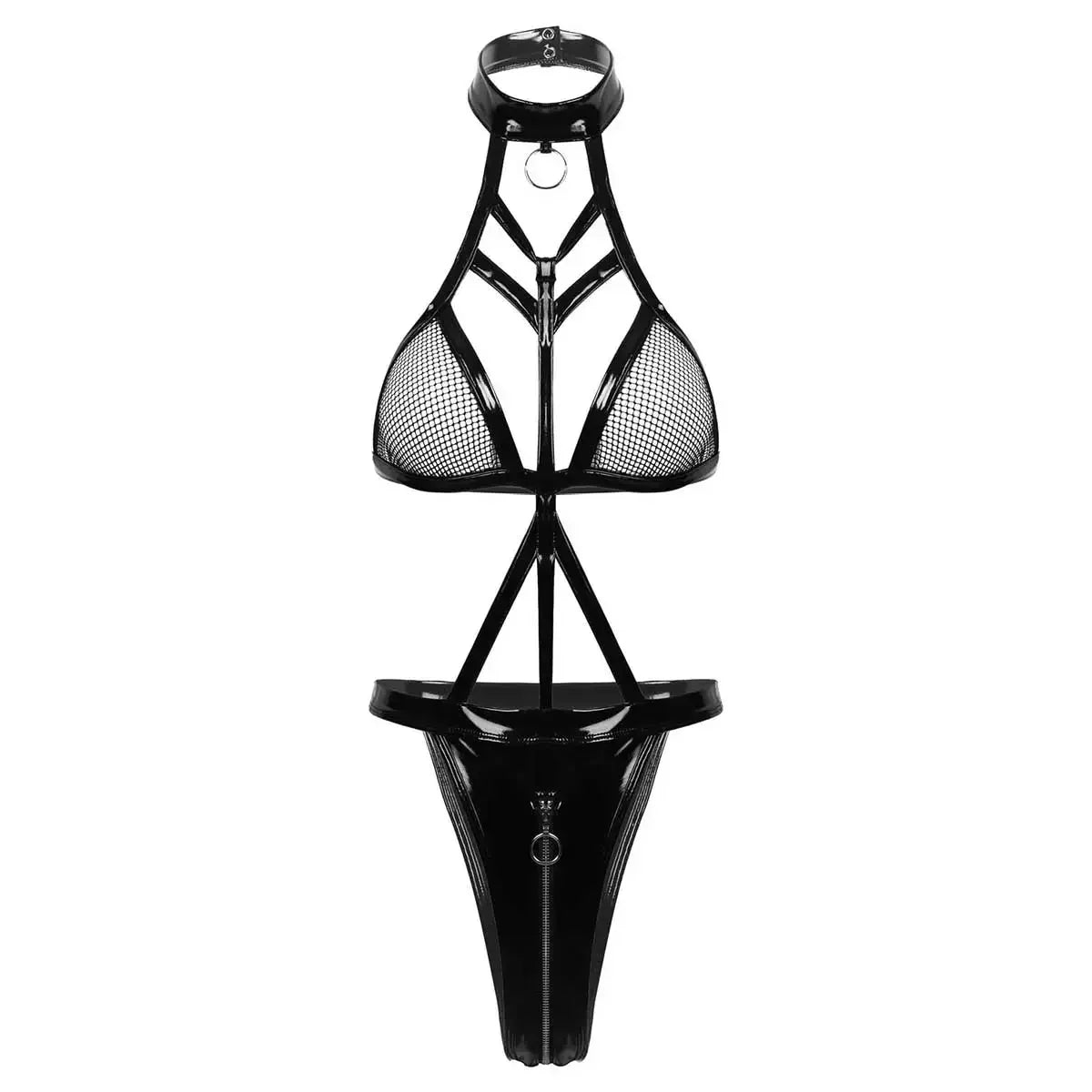 Plus Size 2XL Balck Bandage PU Leather Mesh Bodysuit Exotic Teddies Zipper Crotch Catsuit Women Sexy Lingerie Costumes