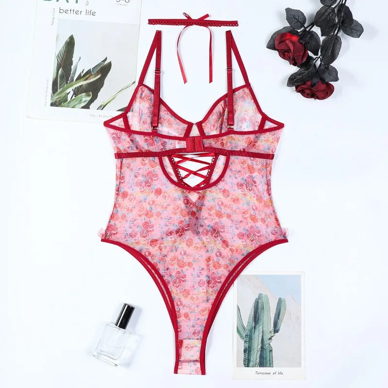 Toucheart Sexy Women Lace Backless Interesting  Babydoll Bodysuit Wrap Dress High Waisted Printing Bow Knot  Babydoll Bodysuit