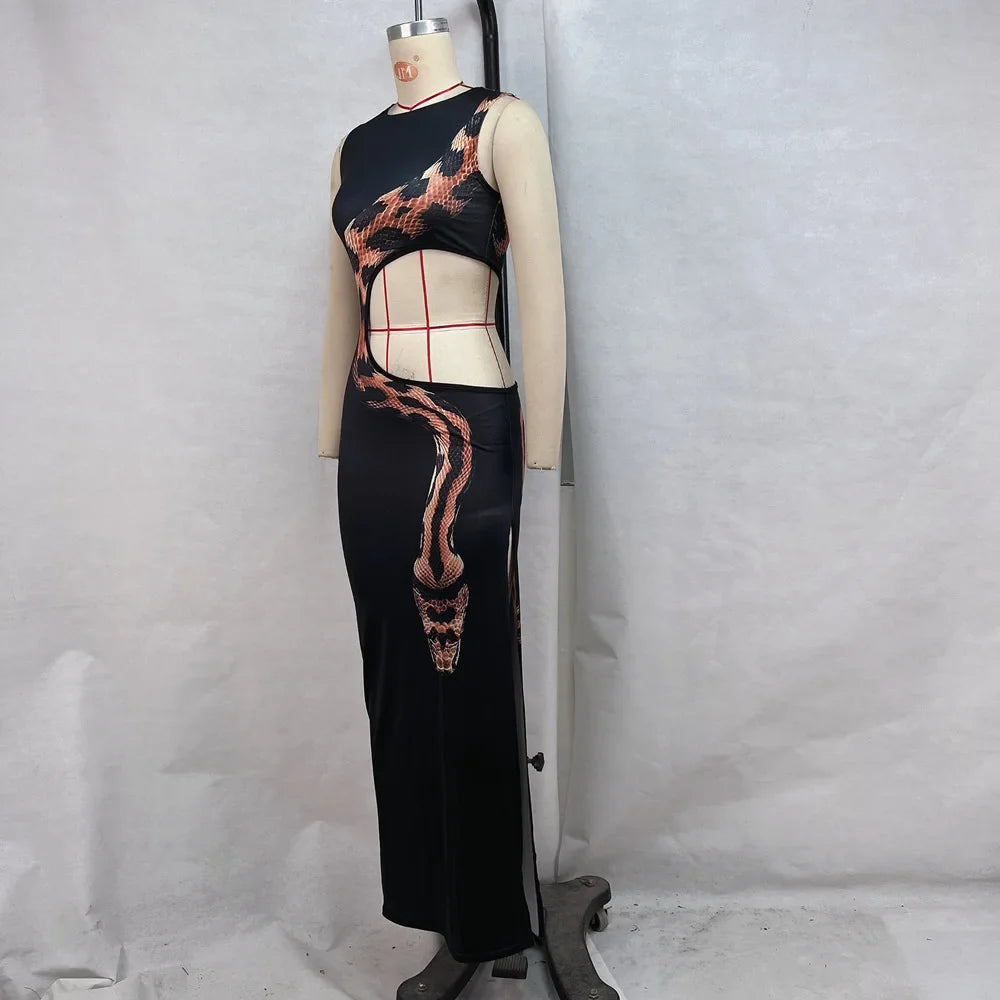 Snake Print Cut Out Slim Long Dress Women Fashion Sexy Package Hip Bodycon Slit Sleeveless Dresses Club Party Vestidos 2025 New