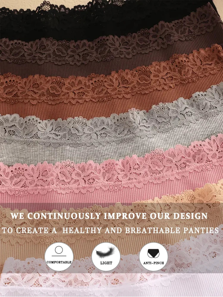 3Pcs Women Cotton Brazilian Pants Sexy Lace Brazilian Briefs Low Waist Floral Solid Color G-string Breathable Soft Lingerie