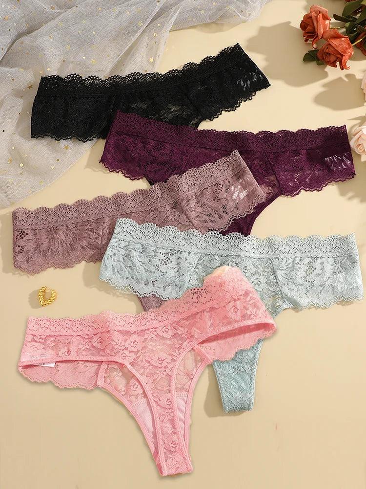 5Pcs Lace Sexy Thongs Women Low-Rise Briefs Sexy Soft Ladies Underwear Trendy Floral Underpants Female Flowery Panty Lingerie