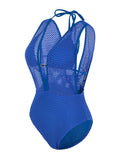 S - XL Deep V Neck Knit Fishnet Mesh One Piece Swimsuit Women Swimwear Female Backless Monokini High Leg Cut Bathing Suit Swim