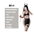 Women Sexy Lingerie Set PU Leather Dress Imitation Split Backless Gold Chain Bandage Bra Side-leaking Skirt Cosplay Costume