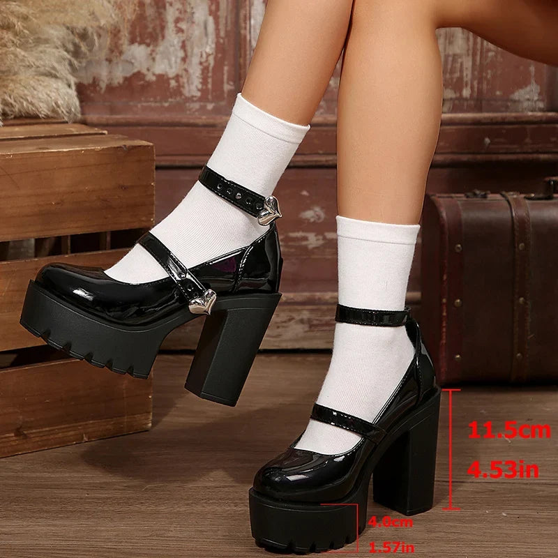 Ankle Strap Chunky Platform Mary Jane Shoes Women Super High Heels Party Lolita Pumps Woman Patent Leather Punk Goth Shoes Mujer