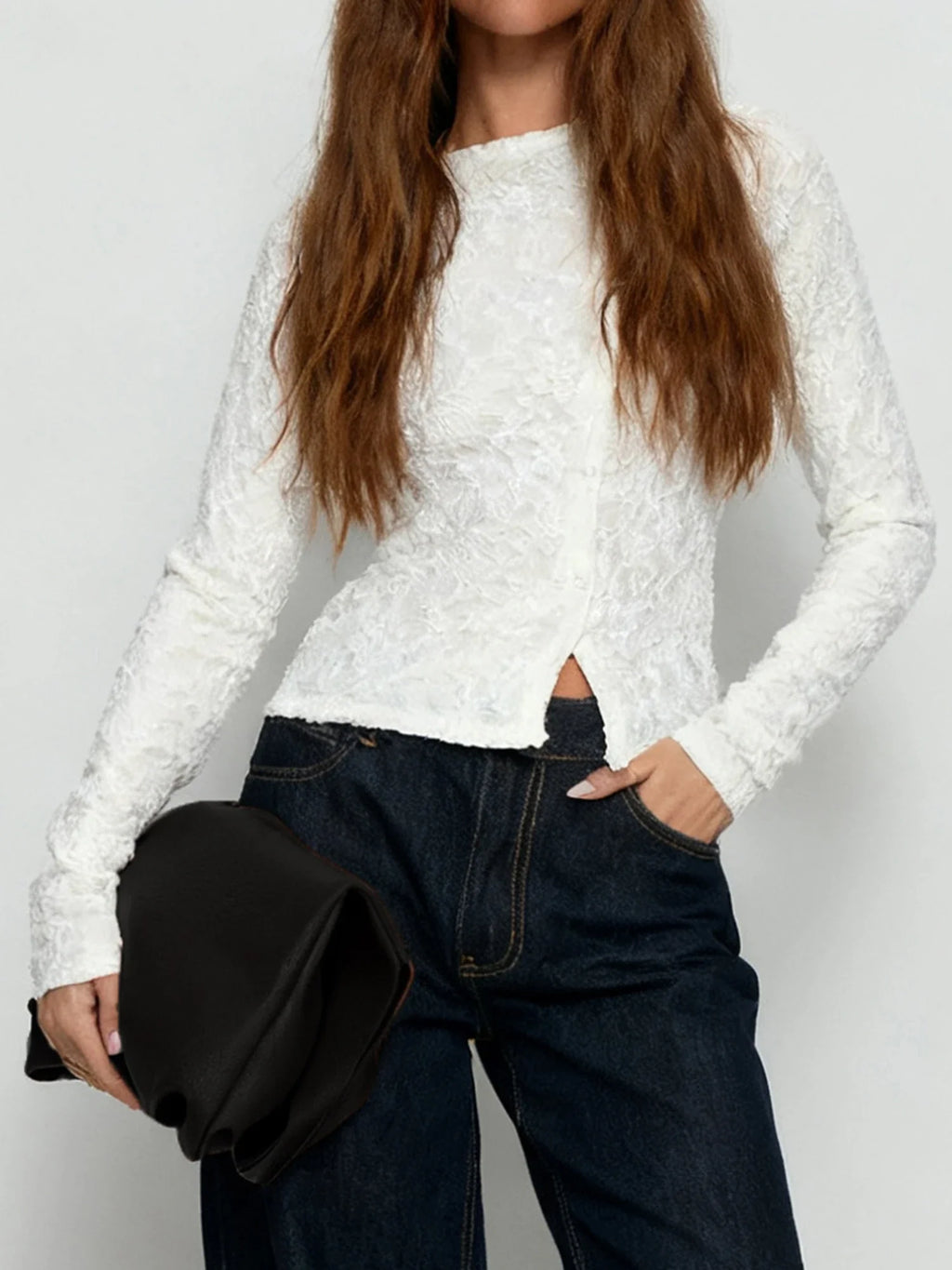 Women Long Sleeve Round Neck Spring Fall Lace Tops Slim Fit Solid Color Oblique Button Up T-shirts
