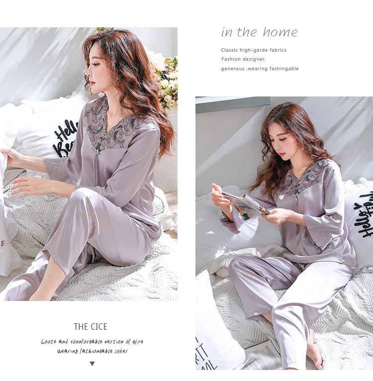 Spring and summer silk women's pajamas long-sleeved autumn and winter new imitation silk women's home clothes