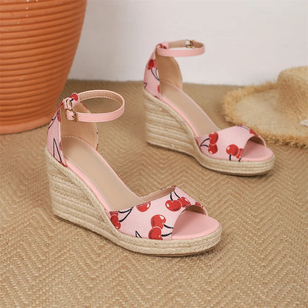 EUR Size 45 Leisure Espadrille Wedge Sandals Women Cherry Summer High Heels Shoes Beach Vacation Platform Ankle Strap Sandals