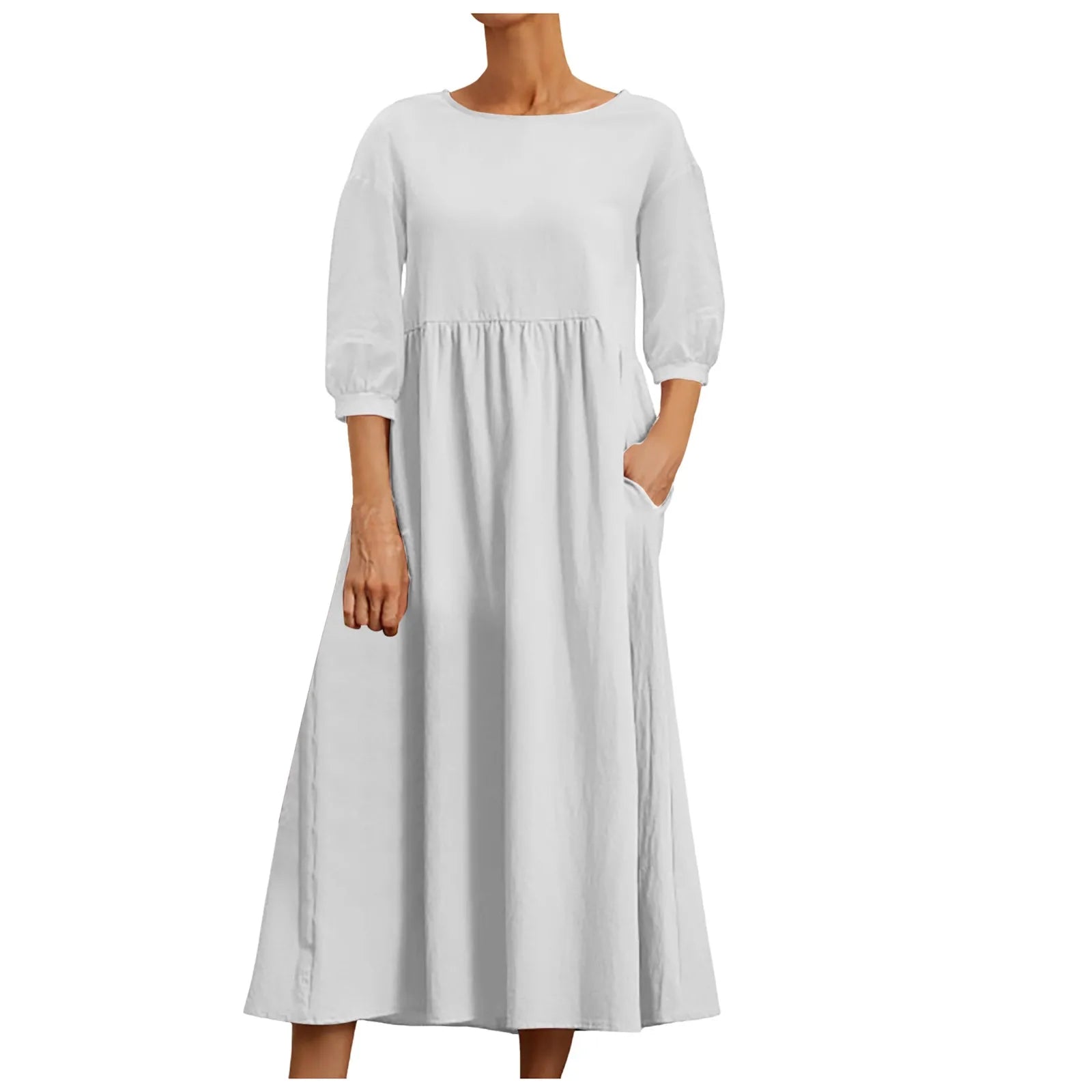 Womens Casual Summer Cotton Dress With Pockets 3/4 Sleeve Loose Midi Shirt Dress Women Dresses With Short Sleeves Vestidos