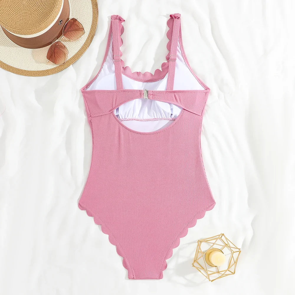 2026 Sexy Ruffle Swimsuit One Piece Solid Swimwear Women Bathers Bathing Swimming Swim Suit Female Beachwear XXL