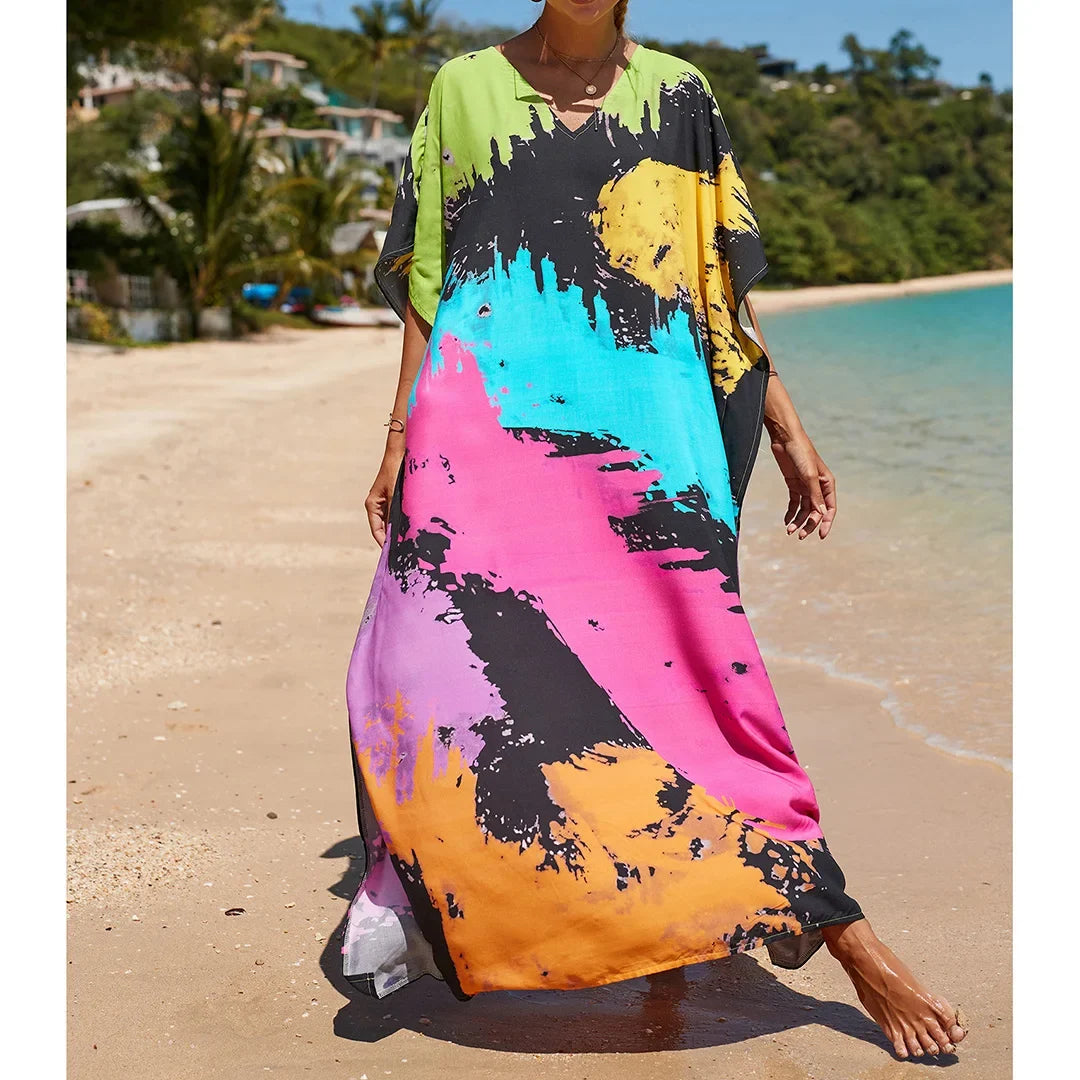 2026 New Colorful Kaftan Tunic Beach Dress Beach Wear Beachwear Beach Cover Up Cover-upsLoose Maxi Dress Female Women V4428