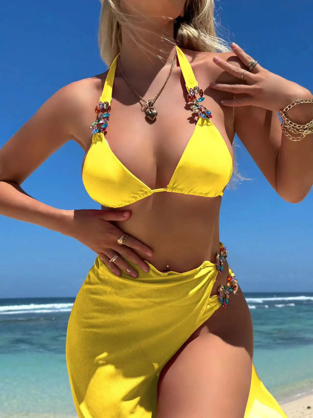 Mesh Skirt Halter Jewelled Diamond Bikini Female Swimsuit Women Swimwear Three-pieces Bikini Set Bathing Suit Swim Beachwear