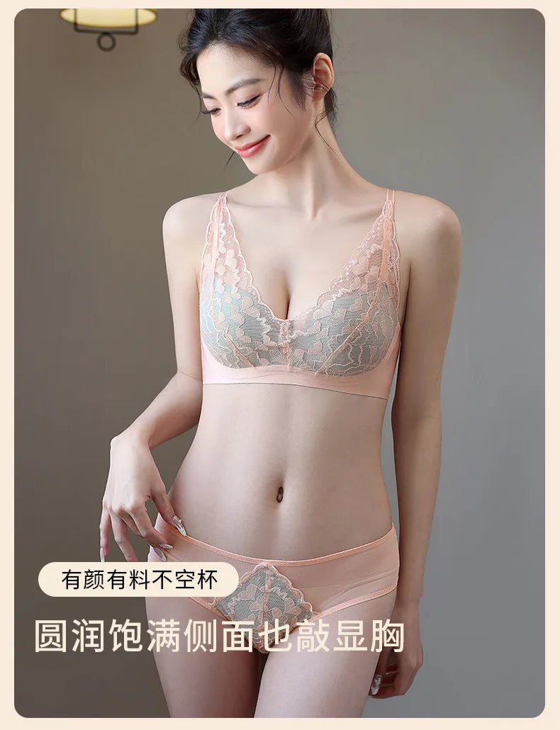 French Style Sexy Lace Underwear Set, Non-Padded Push Up Bra for Small Bust, Wirefree & Breathable, New Hot Bestseller MOYISU AB