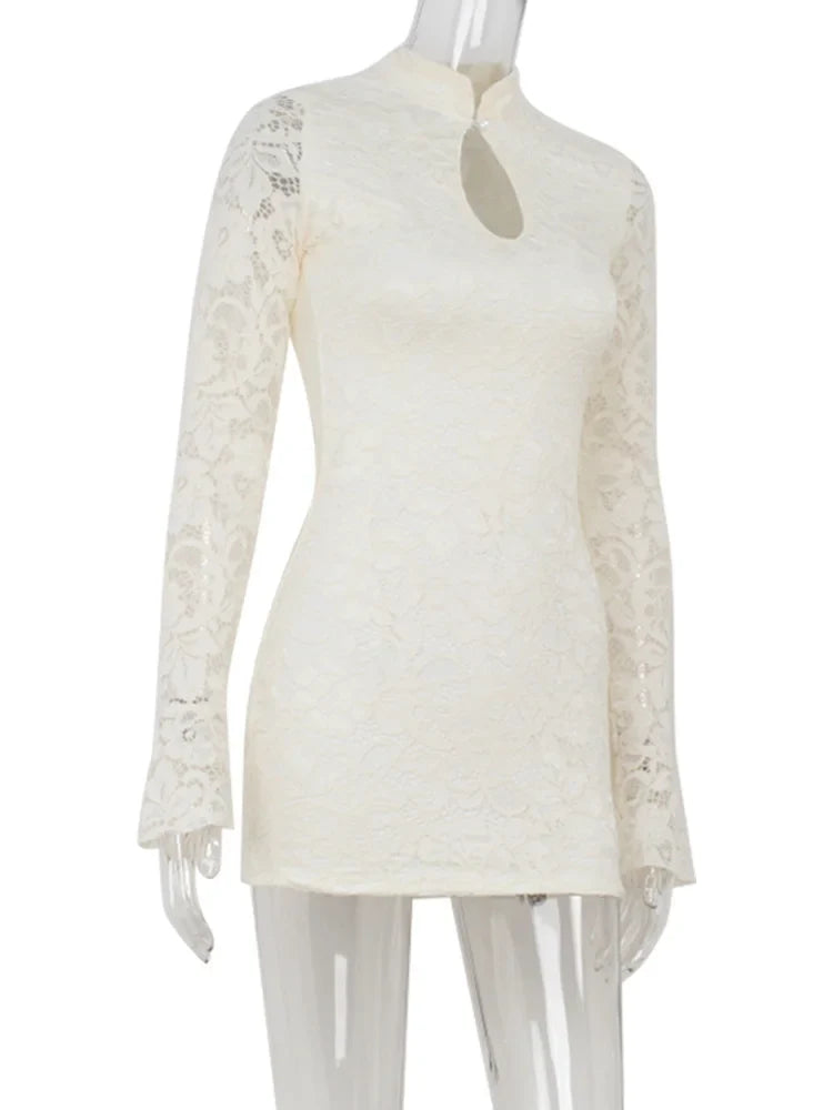 Ahagaga Sexy Lace Women's Mini Dresses Solid Sheer Hollow Out Turtleneck Long Flare Sleeves Sheath Bodycon Streetwear Vestidos