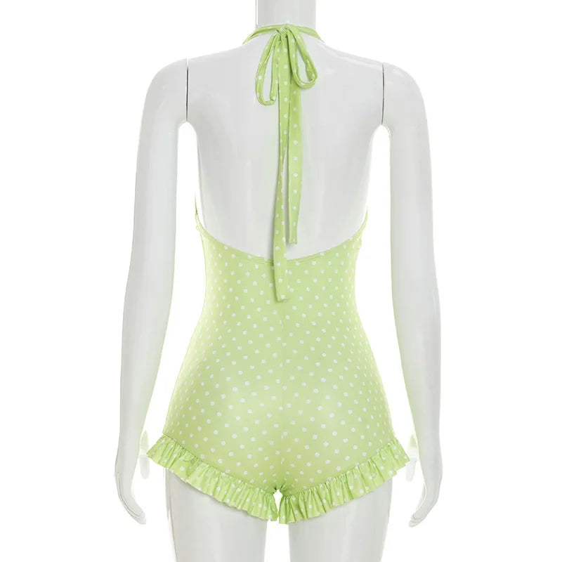 Women Halter Shorts Jumpsuits Summer Polka Dot Print V-Neck Backless Bodysuits Casual Sleeveless Rompers Club Streetwear