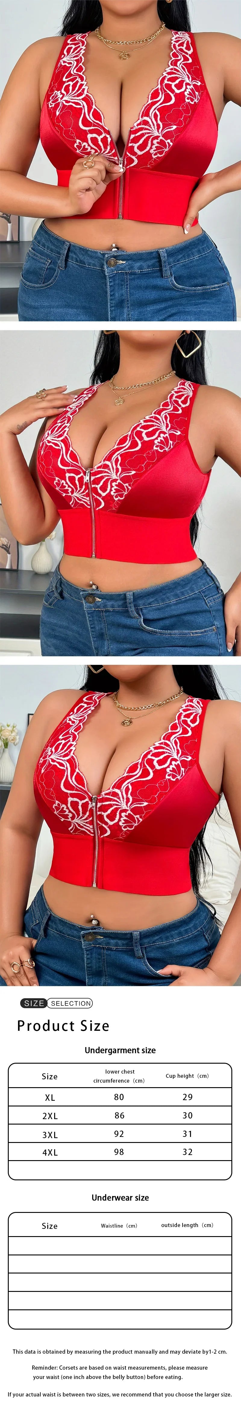 Plus Size Sexy Lingerie Set, Embroidered Front Zipper Plunge Bra, Wireless Push-up Support Bra