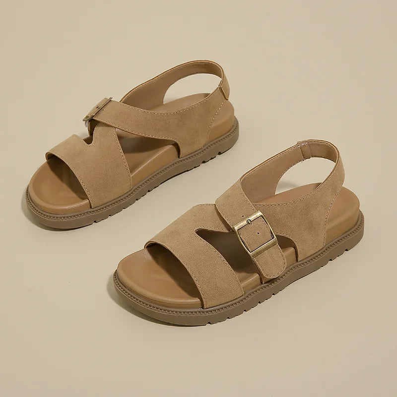 Women Sandals Summer New Solid Color Open Toe Flat Casual Slippers Buckle Fashion Outdoors Beach Sandals Sandalias De Mujer
