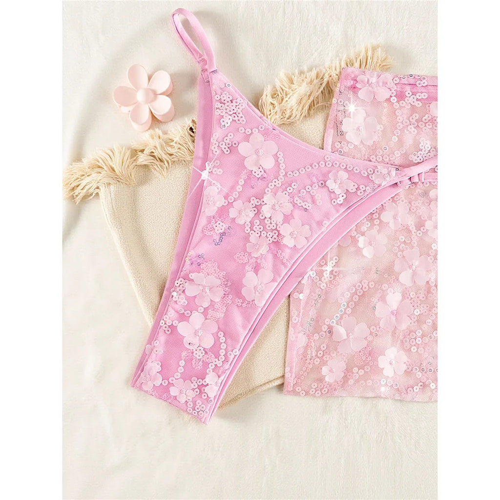 S - XL Three-pieces Bikini set With Skirt Flowers Sequins Bikini Female Swimsuit Women Swimwear Bather Bathing Suit Swim V7864