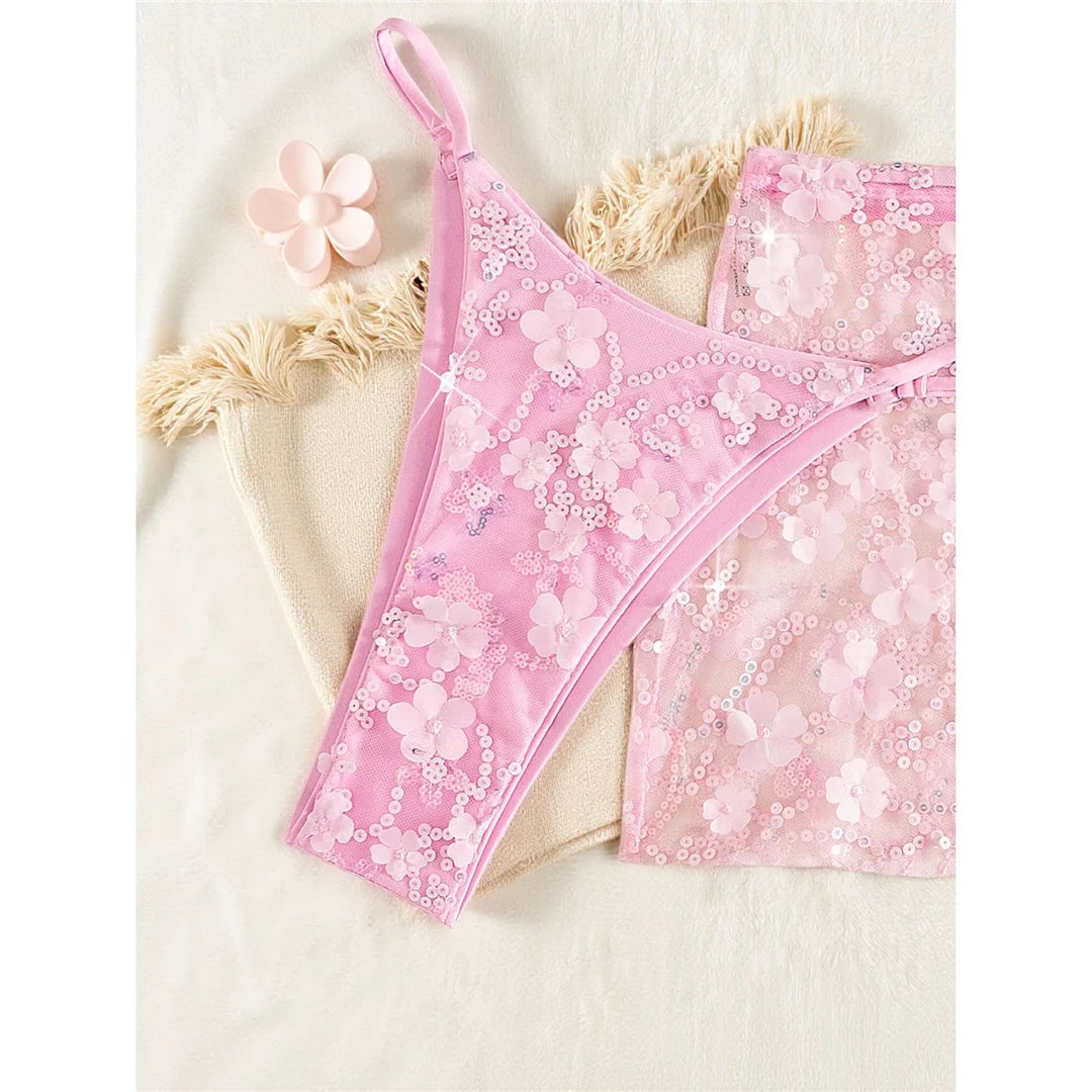 S - XL Three-pieces Bikini set With Skirt Flowers Sequins Bikini Female Swimsuit Women Swimwear Bather Bathing Suit Swim V7864