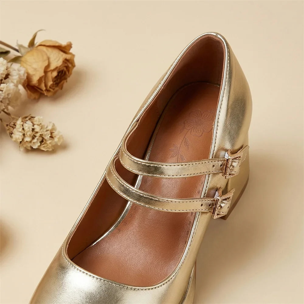 Big Size 32-46 Y2K Metallic Mary Jane High Heels Women Shoes Round Toe Double Straps Rhinestone Buckle Platform Block Heel Pumps