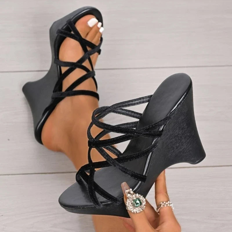 Strange Style Heels Slides Black Straps Women Summer Shoes Outside Slippers High Heels Woman  Shoes