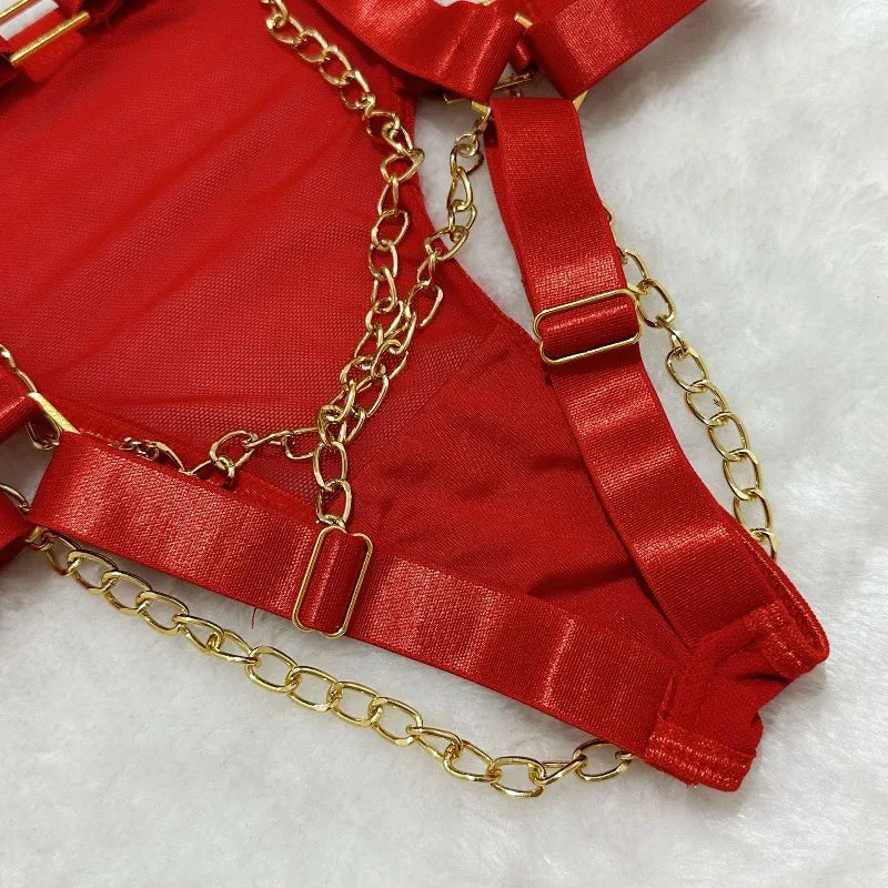 Toucheart Erotic Underwear Mesh See-through Patchwork Metal Chain Hot Girls Sexy Seductive Coquette Nightclub Party Dance Suit