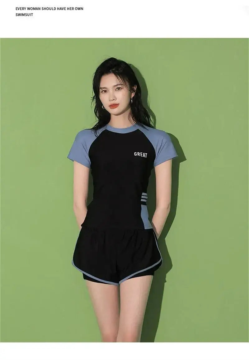 Fashion Women's Swimming Suit Ladies Patchwork Short Sleeve Swimwear Sports Pool Beachwear Two Piece Swimsuit With Shorts