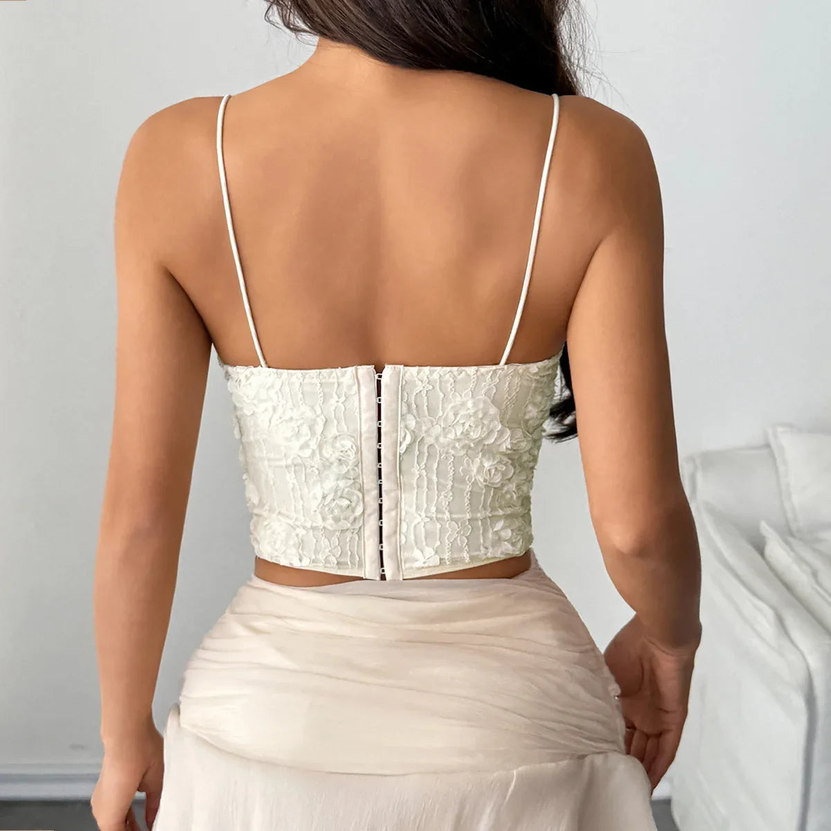 New Sexy 3D Flower Embroidery Tank Tops Irregular Shoulder Strap Steel Ring Fishbone Corset Top Summer Y2K Chic Lady Streetwear