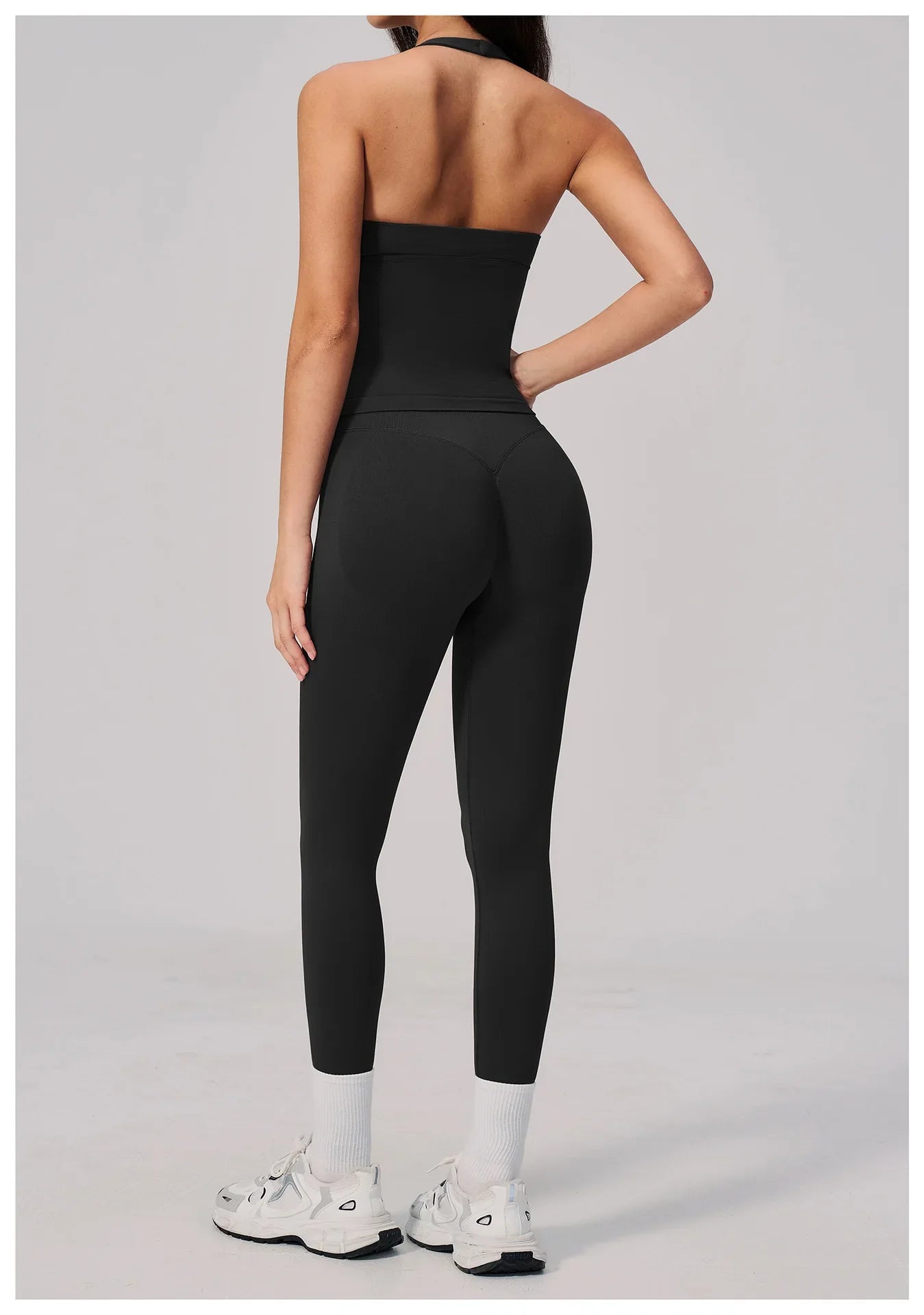 Summer Seamless Yoga Sets Women V Neck Slim Sports Tank Top Fitness Suit Peach Hip High Elasticity Leggings Running Tracksuit
