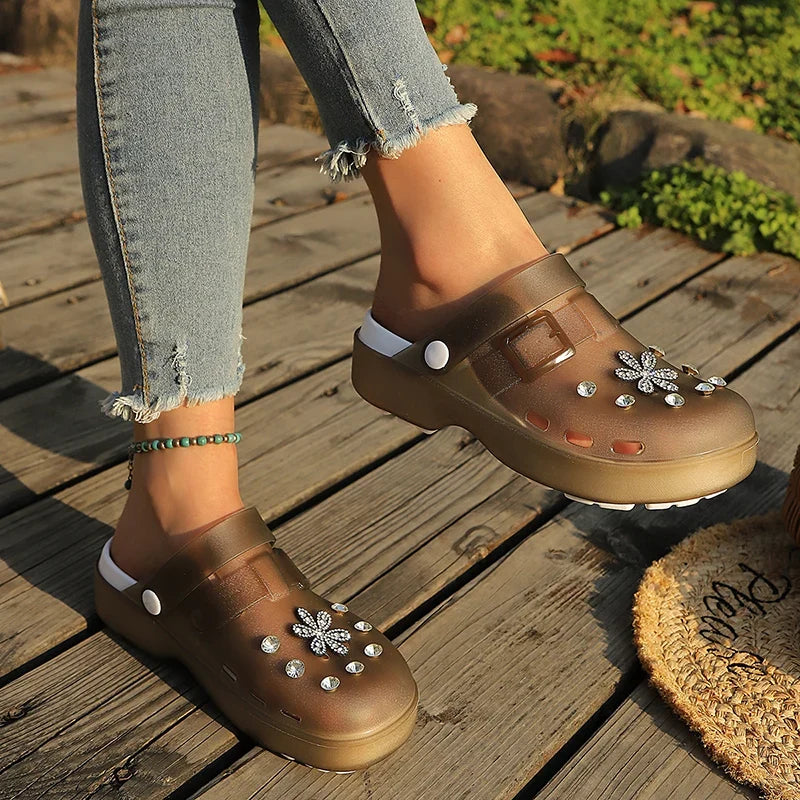 Luxury Rhinestone Pink Platform Clogs Shoes Women Crystal Flowers Hollow Out Sandals Woman Anti Slip Thick Bottom Beach Sandles