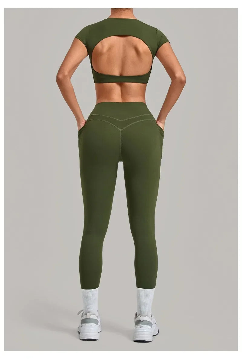 Women's Seamless Yoga Sets Sports Running High Waist Hip-lifting Pants Backless Short-sleeve Suits Workout Fitness Leggings Sets