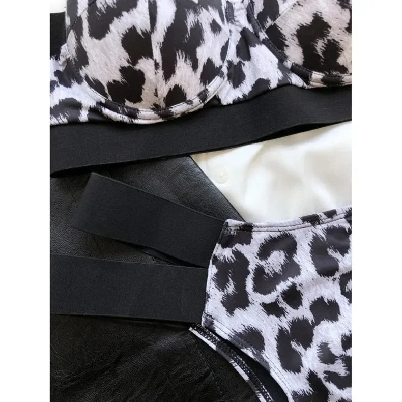 Sexy Bikini Women Swimwear Swimsuit Push Up Leopard Block Color Patchwork Double Bandages High Waist Bikinis Set Bathing Suit