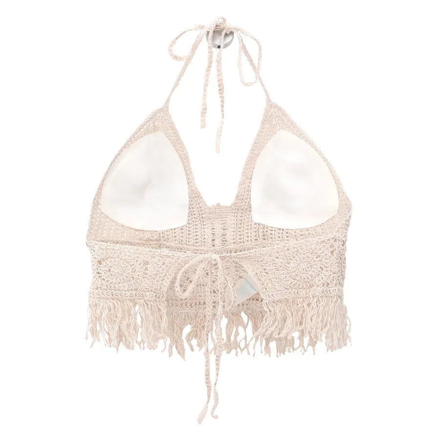 Boho Crochet Halter Top for Women Summer Beach Knit Crop Top with Tassels Backless Sleeveless Bralette