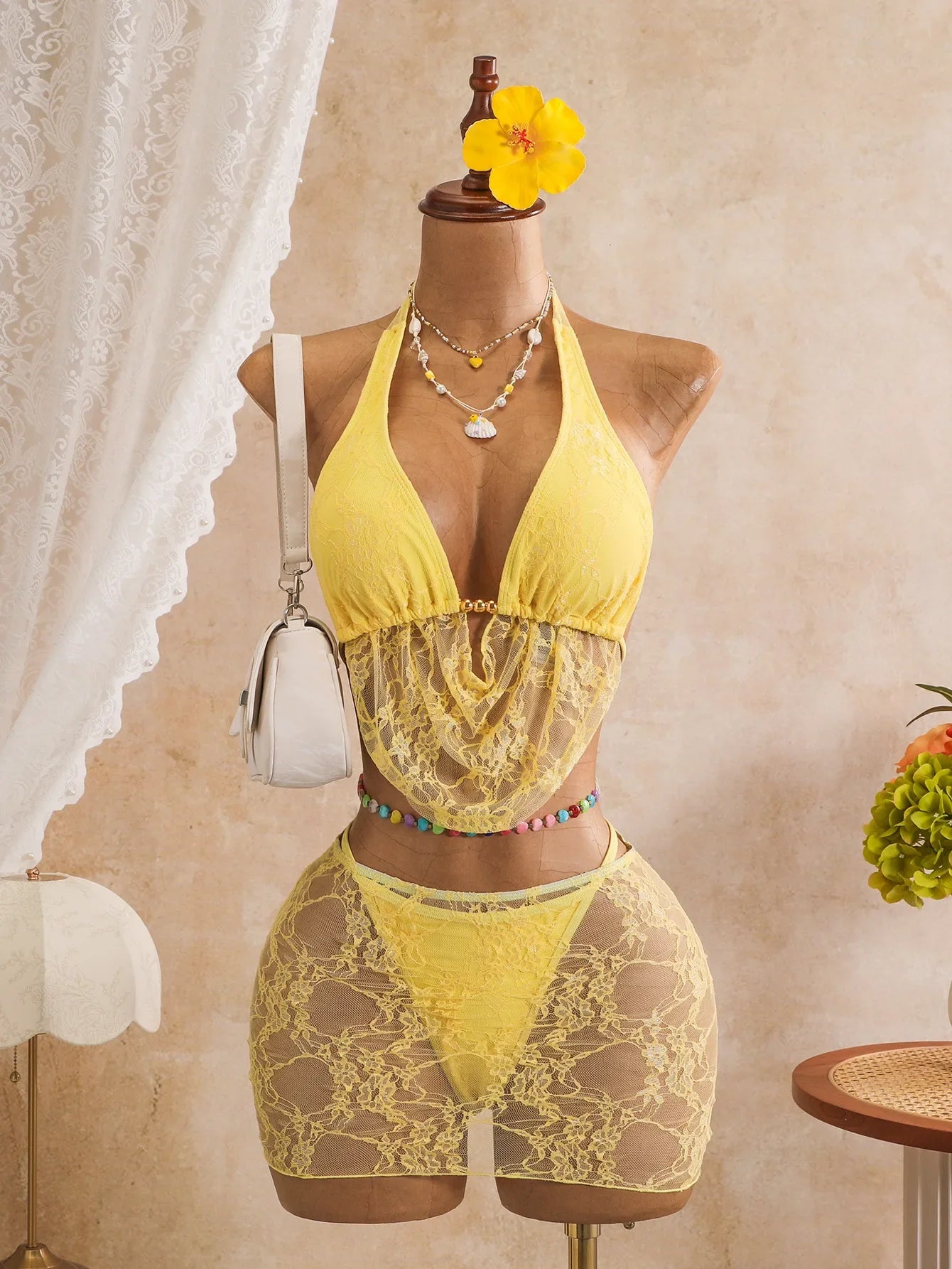 Sexy Black Mesh Shorts 3 Piece Bikinis Sets  2026 Women Pearls Push Up Tassel Bra Swimsuit Beach Holiday Bathing Suit Swimwear