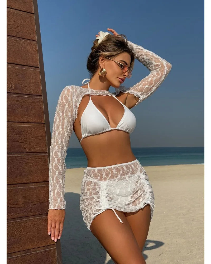 Toucheart Sexy Lingerie Suit for Women Mesh Four-piece Beach Swimsuit Sexy Bikini Solid Color Long Sleeves Mesh See-through Set