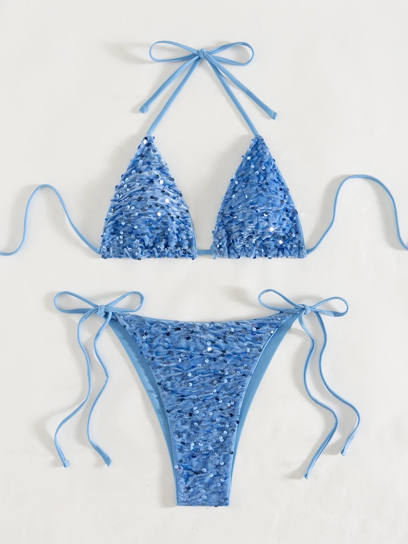 Sexy Sequin Blue Micro Bikini Set Women Shiny Push Up Bra Tie Side Triangle Swimsuit Summer Bathing Suit Holiday Swimwear 2026