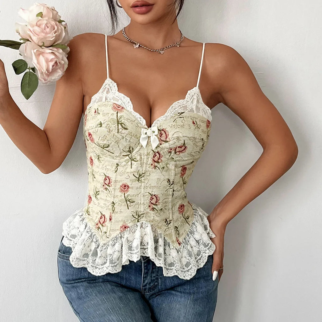 Prairie Chic Style Women's Tank Top French Style Crop Tops Lace Strapless Camisole Lace up Fishbone Corset Lady Summer Outfit