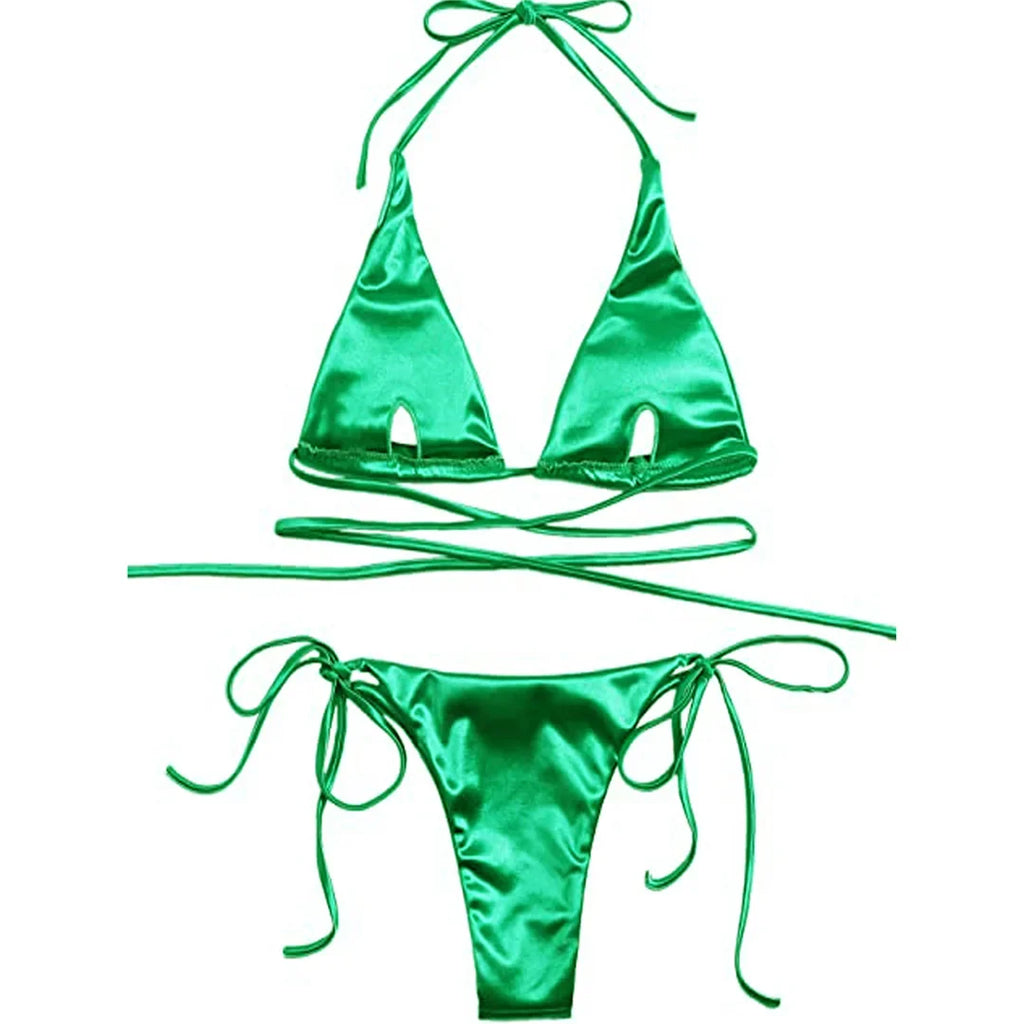 Sexy Satin Halter Brazilian Padded Bikini Female Swimsuit Women Swimwear Two-Pieces Bikini Set Bather Bathing Suit Swim V4966S