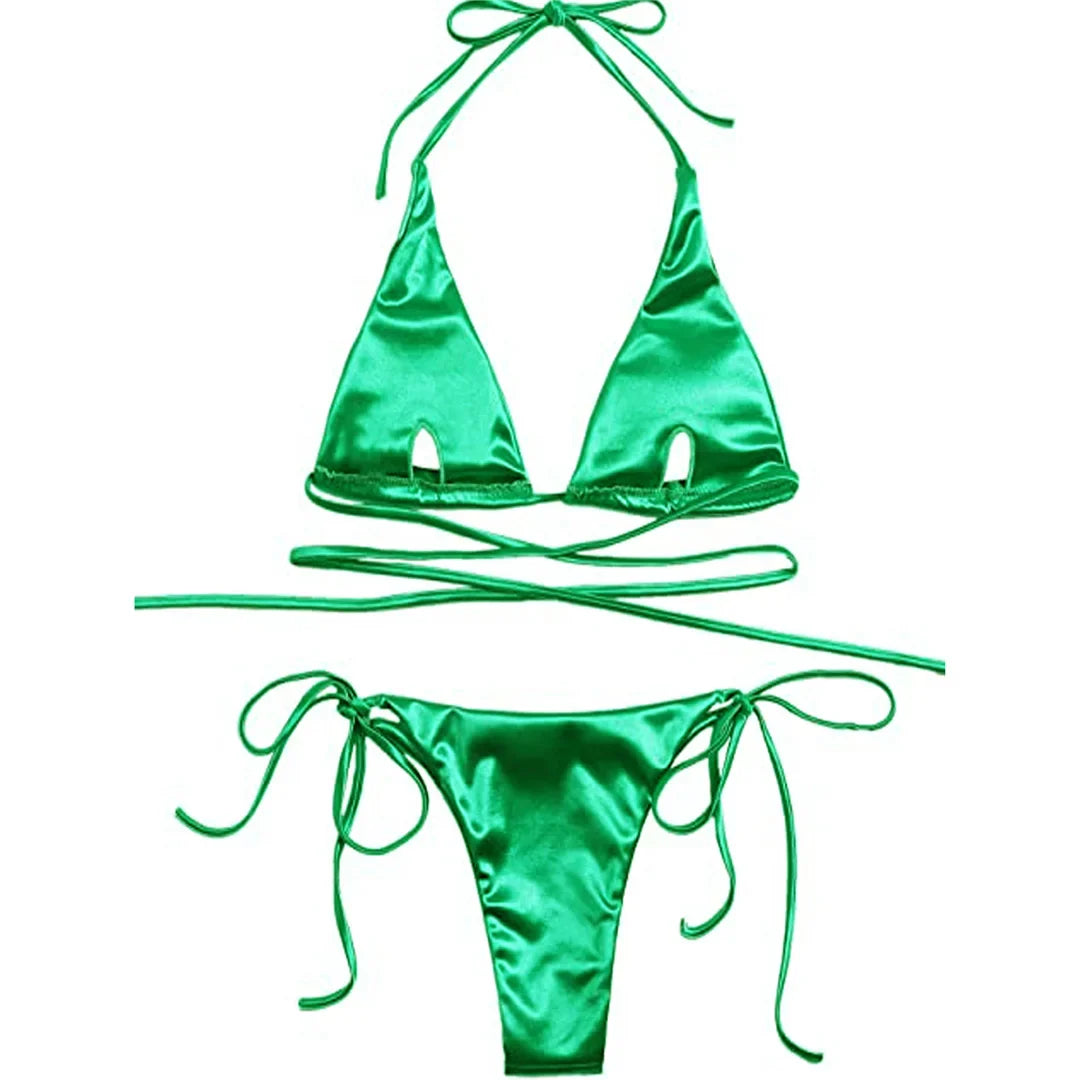 Sexy Satin Halter Brazilian Padded Bikini Female Swimsuit Women Swimwear Two-Pieces Bikini Set Bather Bathing Suit Swim V4966S