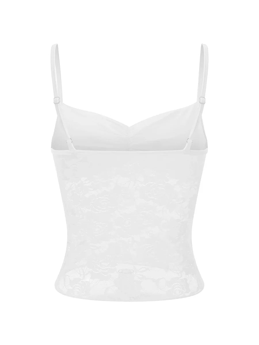 Women's Lace Cami Tops Sleeveless Ruched Front Solid Color Camisole Slim Fit Tank Tops Summer