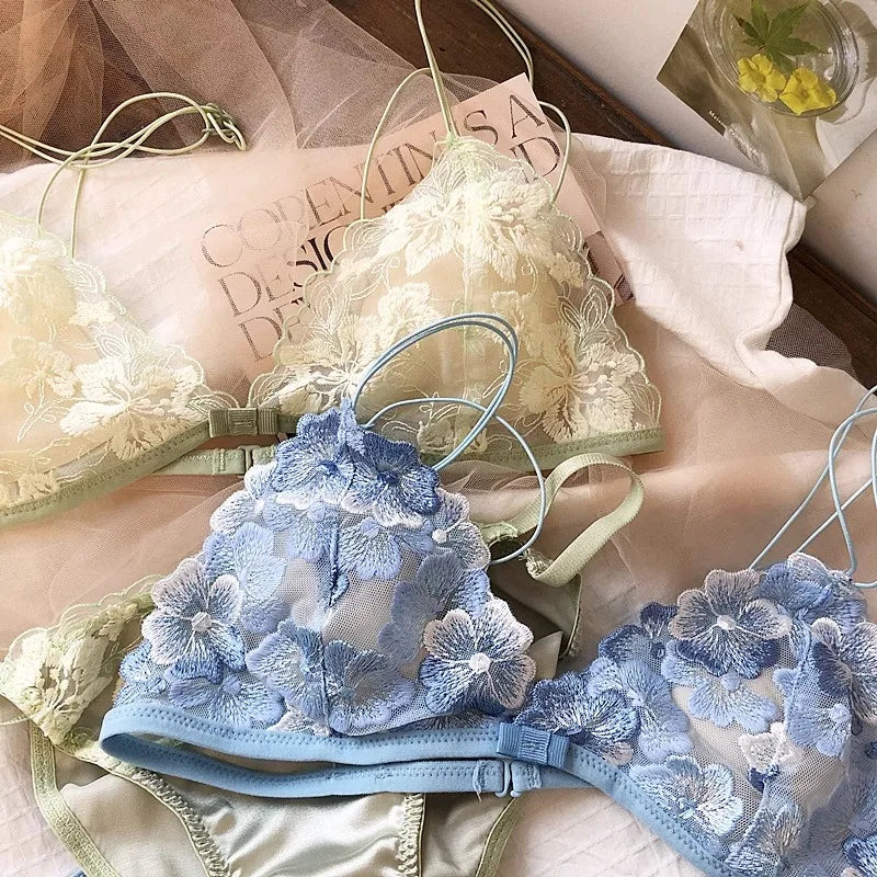 French Niche Lingerie Set Embroidered Mesh Triangle Cup Wireless Bralette Retro Thin Sexy Comfort Bra Australia MOYISU Sexy Bra