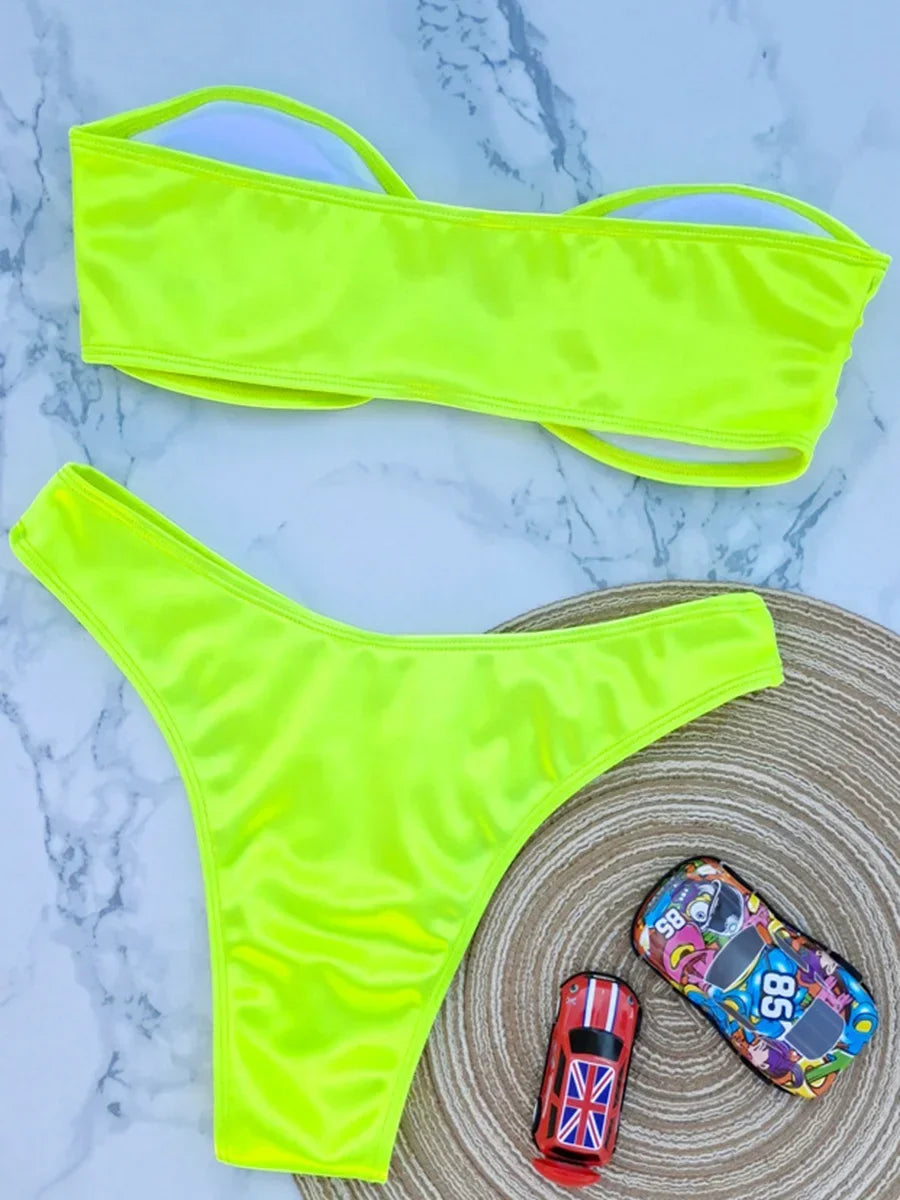 Bandeau Bikinis 2025 Strapless Satin Bikini Female Swimsuit Women Swimwear Two-pieces Bikini Set High Cut Bathing Suit Swim Lady