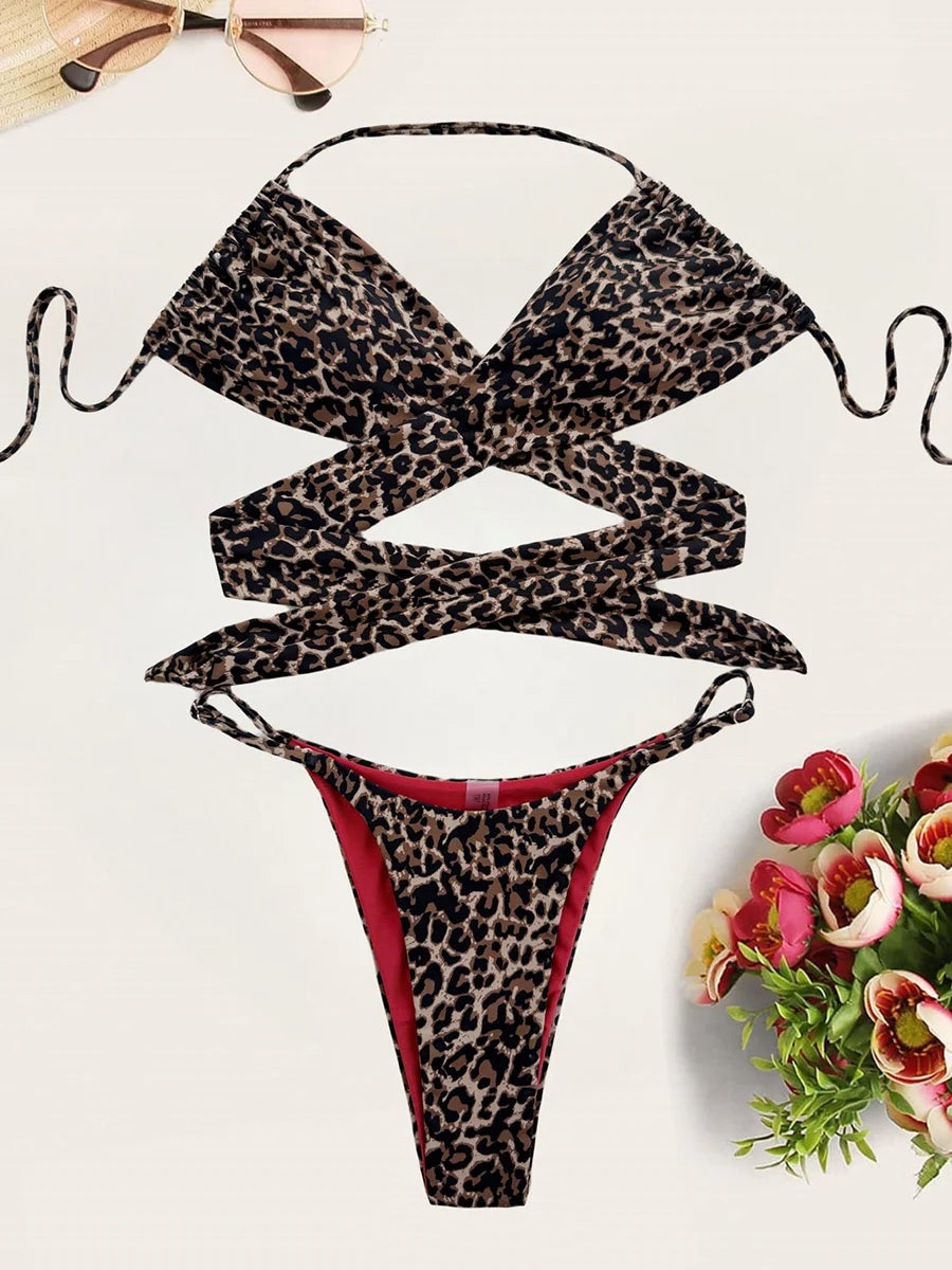 XS - L Leopard Halter Mini Micro Bikini Women Swimwear Female Swimsuit Two-pieces Bikini Set Bather Bathing Suit Swim Beach Wear