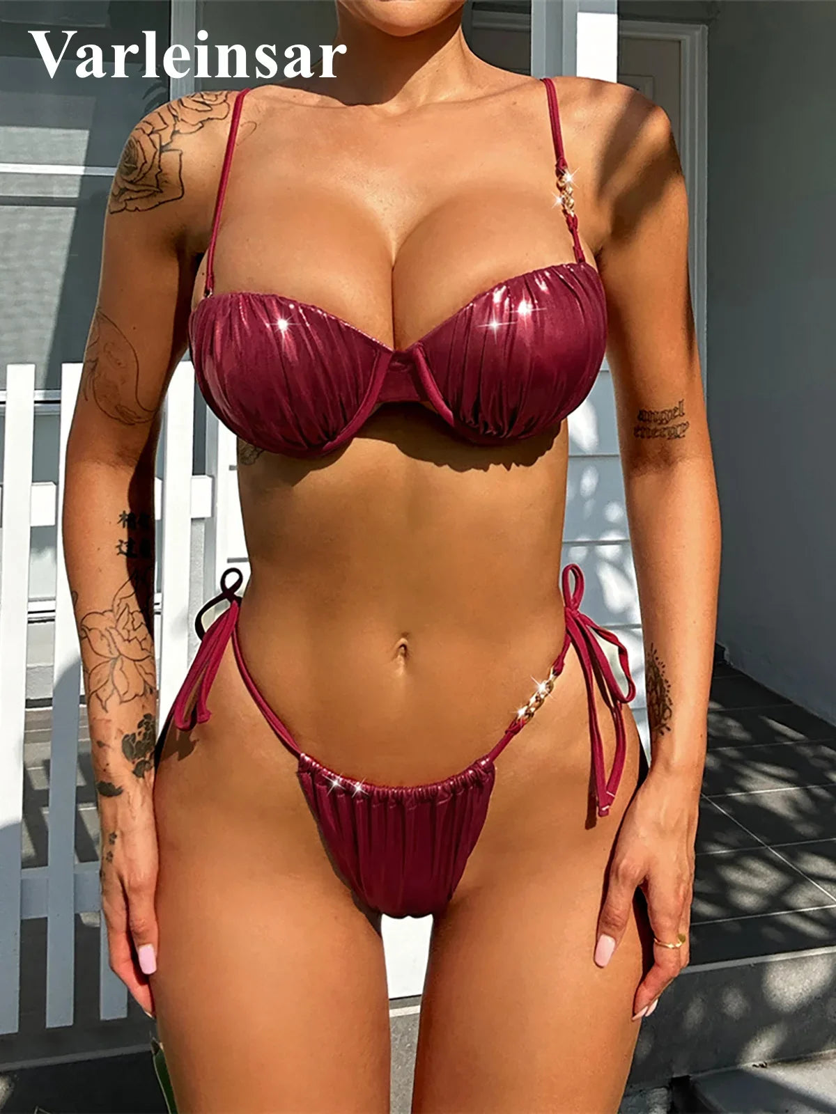 PU Faux Leather Underwired With Bra Cup Bikini Women Swimwear Female Swimsuit Two-Pieces Bikini Set Bather Bathing Suit V5221