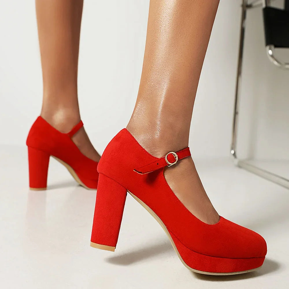 2026 Plus Size 33-45 Elegant Nude Ankle-strap Pumps Office Lady Classic Black High Heels Shoes Women Red Platform Party Shoes